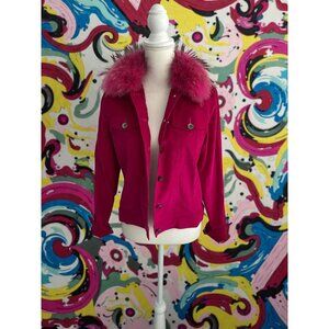 OH LA LA Pink Synthetic Fur Collar Jacket Size Medium NEW NWOT